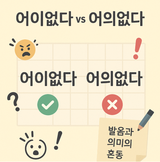 &lsquo;어이없다&rsquo;와 &lsquo;어의없다&rsquo;의 정확한 구분을 시각화한 한글 맞춤법 시리즈 6화 대표 이미지. 올바른 표현과 잘못된 표현을 한눈에 비교할 수 있도록 체크마크와 X표, 감정 이모지로 시각적 정보를 강조했습니다