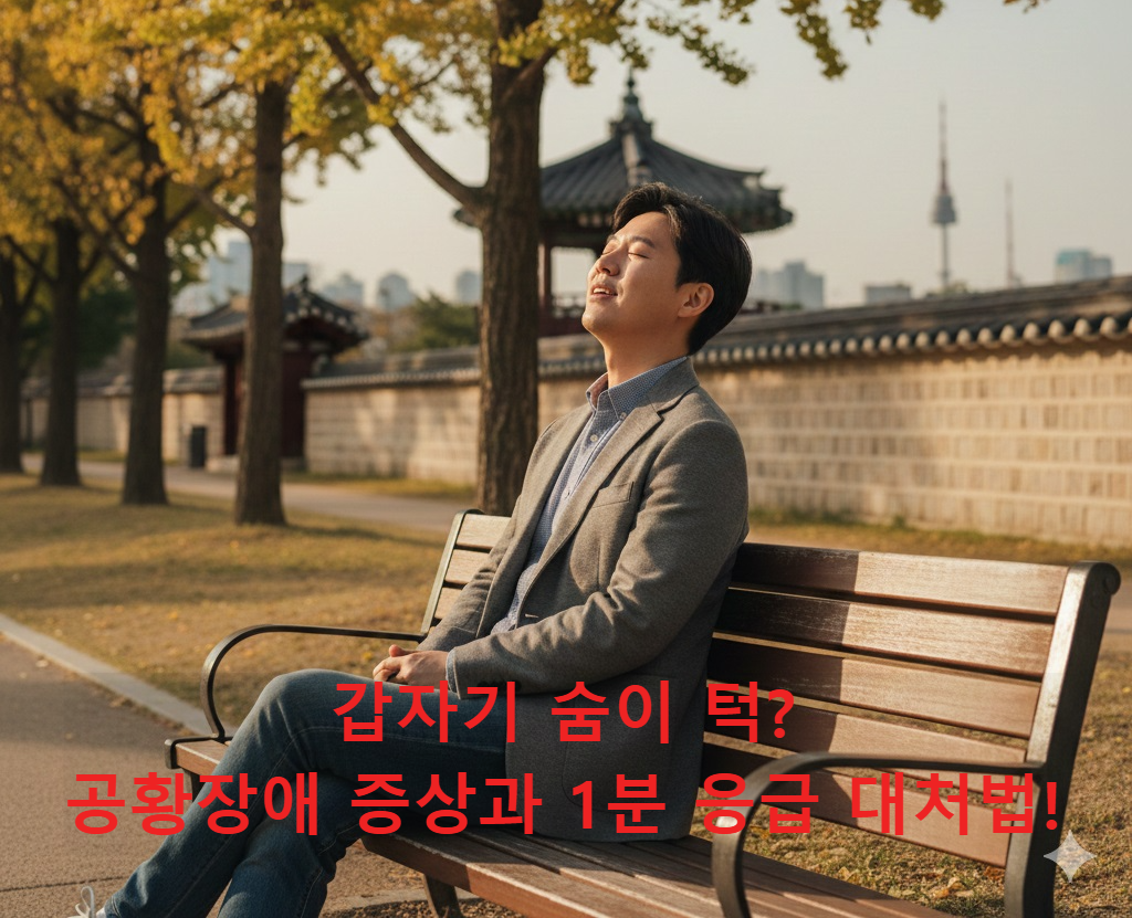 벤치에 앉아 편안하게 심호흡을 하며 안정을 되찾은 한국인