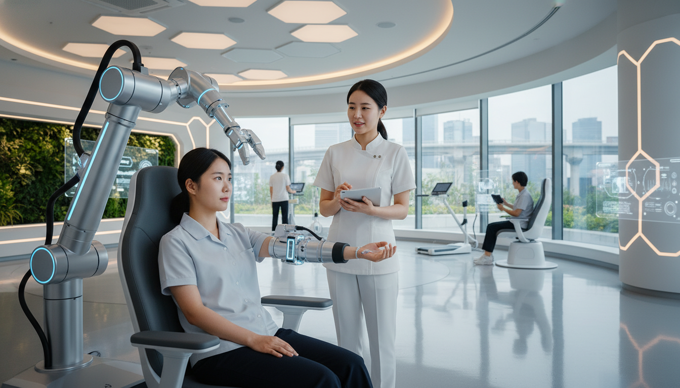 2026년 한국의 미래형 재활 센터에서 한국인 환자가 AI 로봇 팔을 이용해 뇌졸중 재활 치료를 받는 모습. 최첨단 재활 기술을 보여줌.