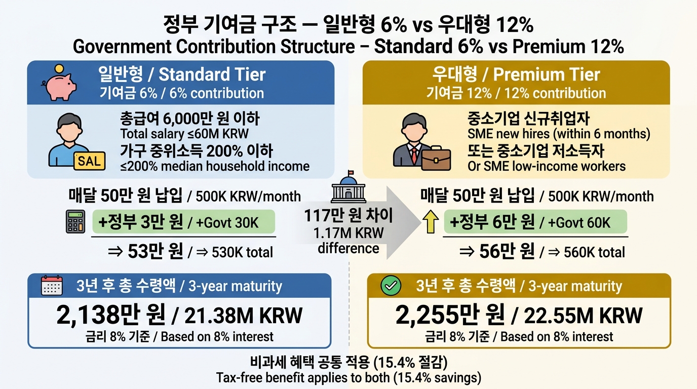 정부 기여금 구조 비교 — 일반형 6% vs 우대형 12%