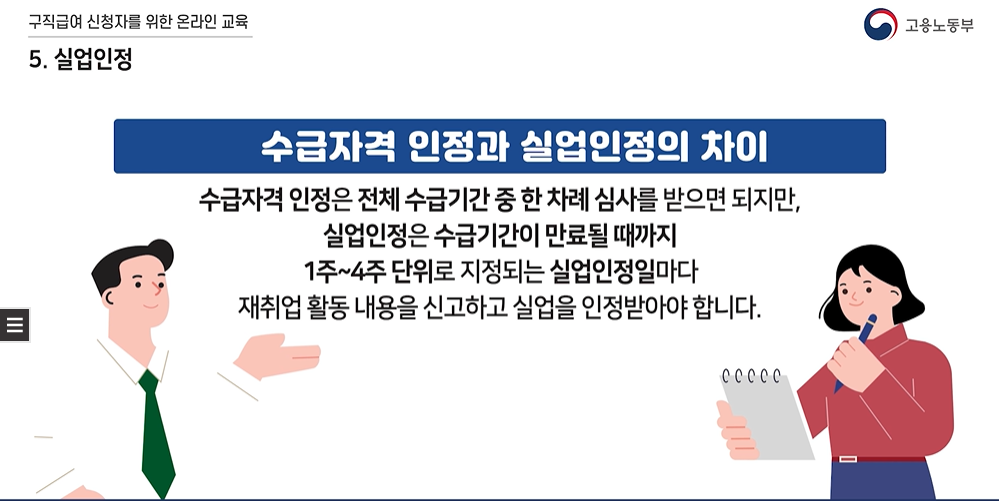 고용24 온라인 교육에서 수급자격 인정과 실업인정의 차이를 설명하는 화면