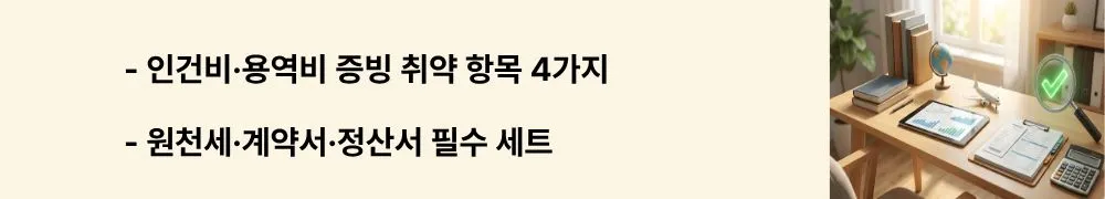 인건비·용역비 증빙 취약 항목 4가지라는 문구가 포함된 웹배너 이미지. 이 이미지는 인건비 원천세 신고, 용역비 계약서, 간이영수증 한계, 광고비 증빙 등 현금성 지출의 안전한 증빙 관리 방법을 시각적으로 전달하며, 블로그의 종합소득세 계약·정산·결과물 증빙 관리와 관련된 내용을 설명함