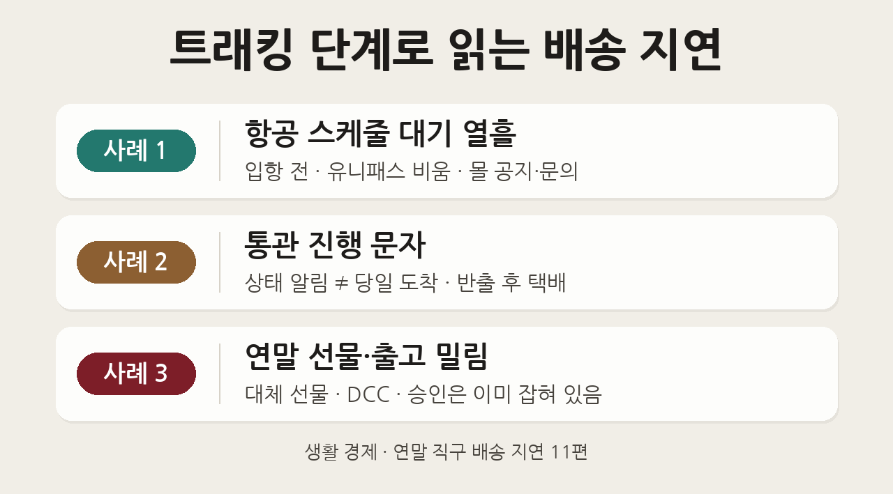 항공 스케줄 대기&middot;통관 진행 문자&middot;연말 선물 출고 밀림을 트래킹 단계로 비교한 도해