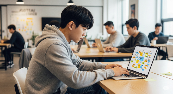 열심히 노트북으로 창업 아이디어를 구상하는 청년의 모습
