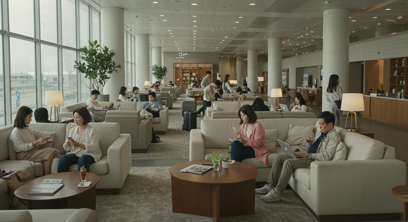 현대적이고 고급스러운 공항 라운지에서 여유롭게 휴식을 취하는 사람들