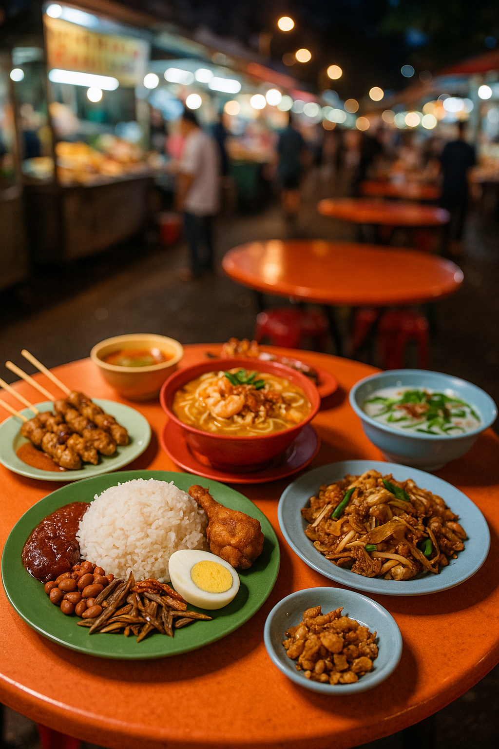 밤 늦은 말레이시아 호커 센터에서 나시르막, 사테, 락사 등 다채로운 로컬 푸드를 차려 놓은 테이블 풍경