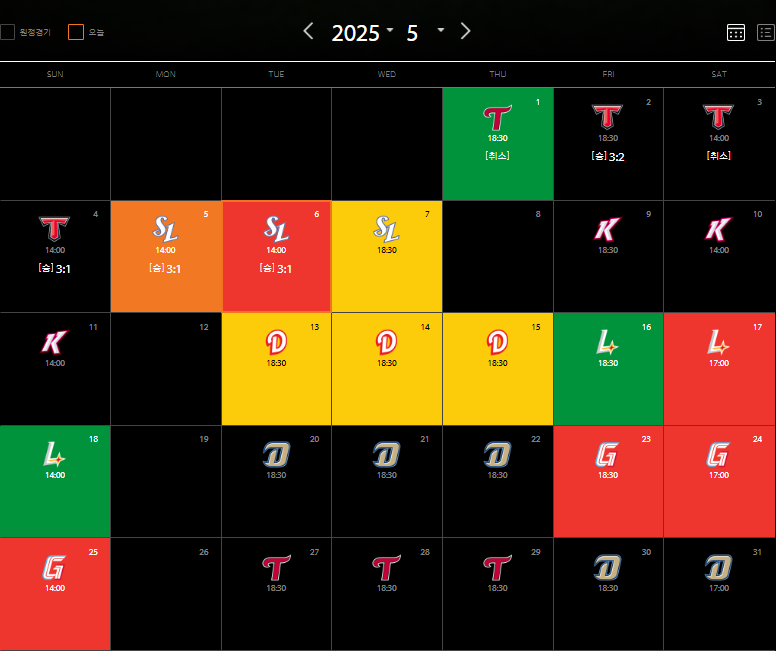 5월 한화이글스 전체경기 일정