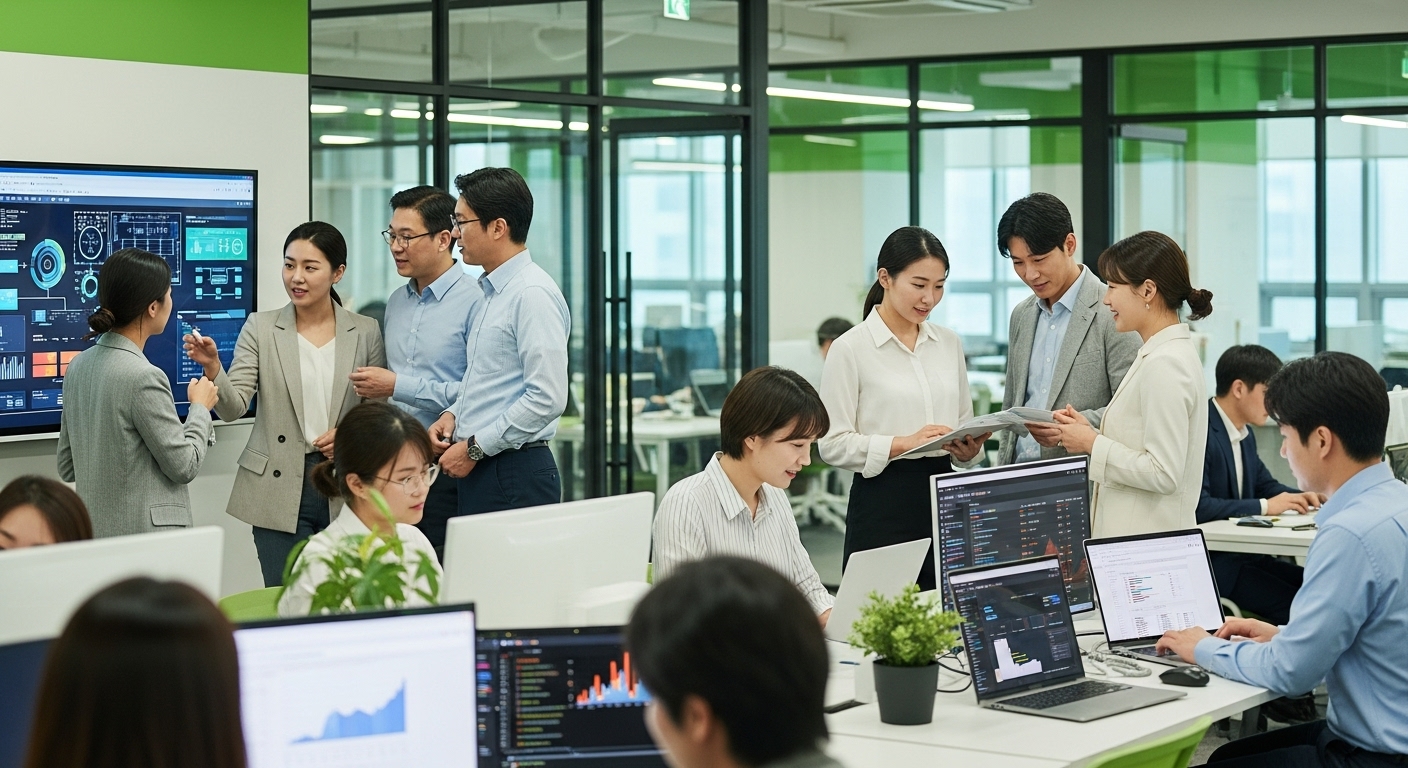 디지털 시대에 적응하는 다양한 한국 직장인들이 회의하고 컴퓨터 작업하는 모습, 고용 시장 변화를 상징