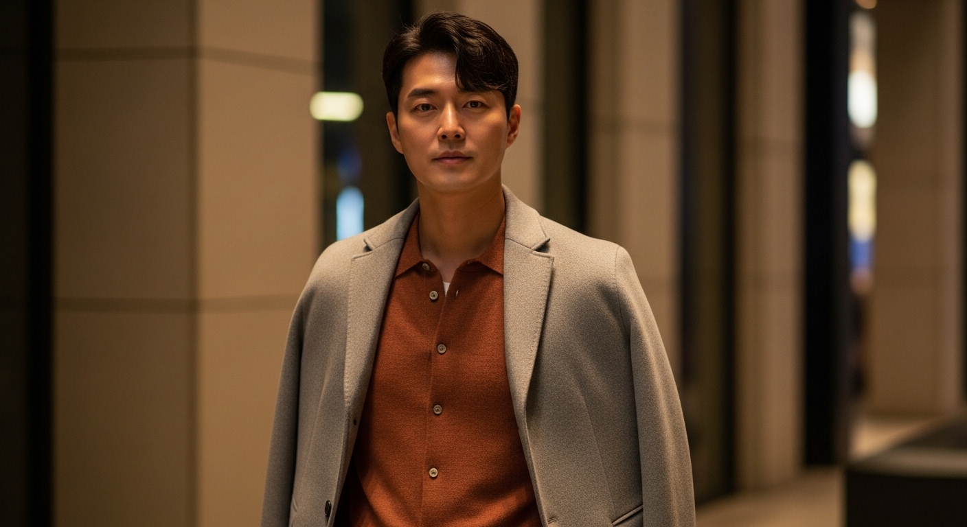 2025년 트렌드인 테라코타색 버튼업 니트 셔츠를 입은 세련된 남성 모델이 도시를 배경으로 포즈를 취하고 있다. 옷의 부드러운 질감과 따뜻한 색감이 돋보인다.