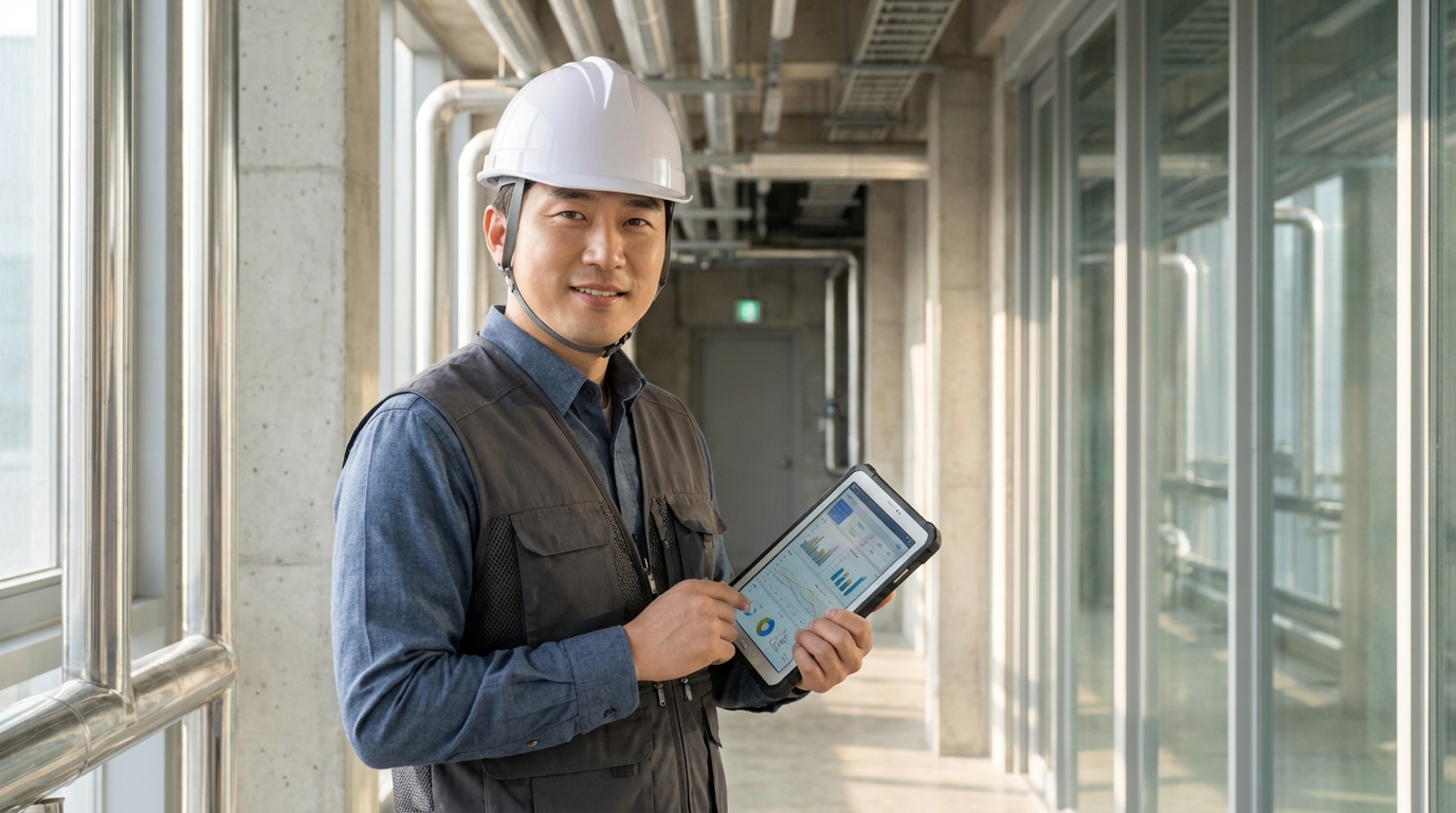 밝고 현대적인 공장 복도에서 디지털 태블릿을 활용해 직무 역량을 점검 중인 한국인 공무 기술자의 모습