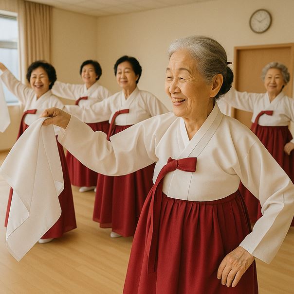 복지관의 넓고 밝은 실내 공간에서, 다섯 명의 할머니들이 곱게 차려입은 흰 저고리와 붉은 치마의 한복을 입고 한국무용을 추고 있다.