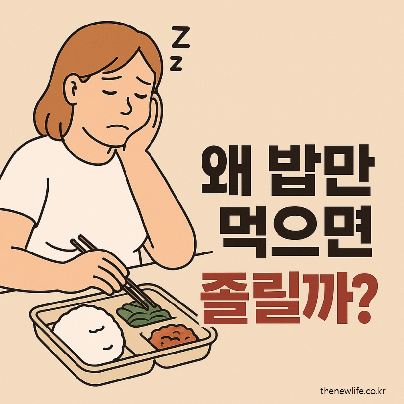 식사 후 졸음을 느끼는 여성의 모습 &ndash; 식후 졸린 이유를 표현한 일러스트