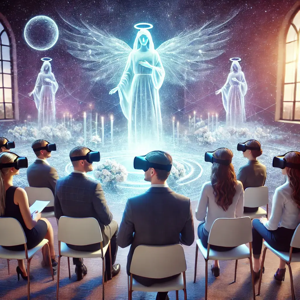 VR 장례식 기획자의 개념을 표현한 이미지입니다. 🌿🕊️💻 가상현실 속에서 고인을 추모하고 이별하는 감성적인 장면을 담았어요