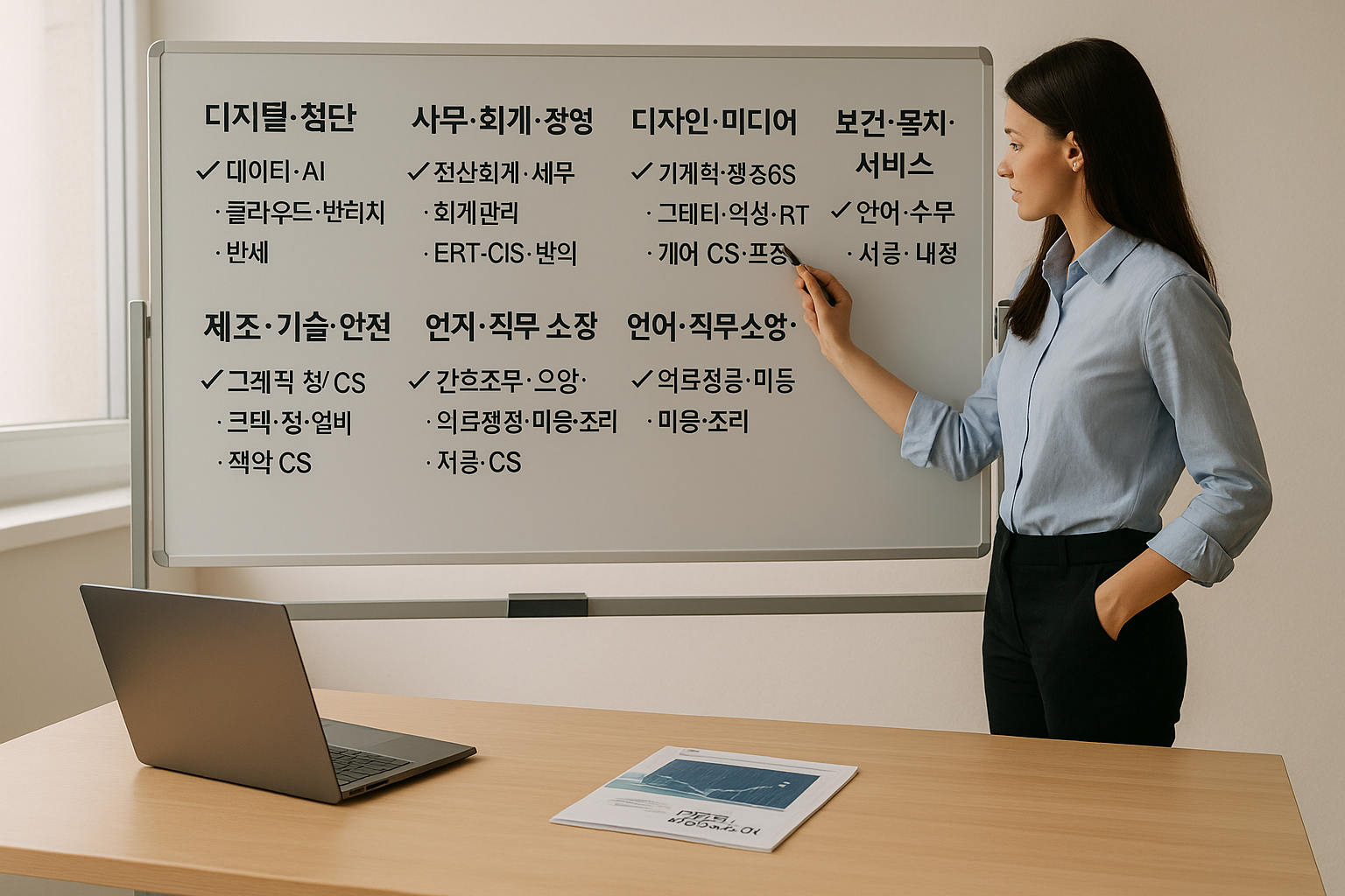 큰 화이트보드 앞에서 분야별 훈련과정을 분류해 체크하는 장면. 책상 위에는 노트북과 과정 브로슈어가 정돈된 모습.