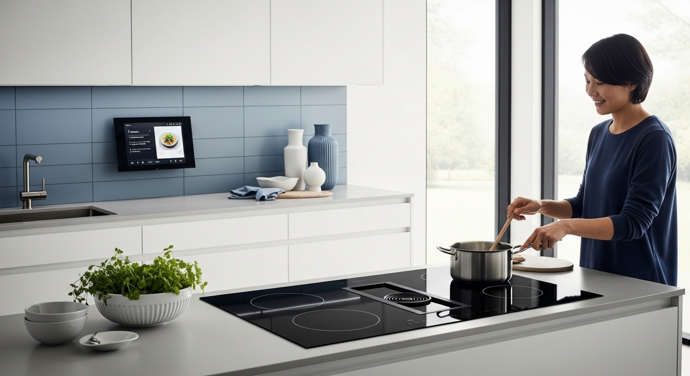 2025년 최신 주방 트렌드를 반영한 미니멀하고 세련된 주방에 빌트인으로 설치된 인덕션 전기레인지. 깔끔하고 모던한 주방 인테리어를 보여줌.