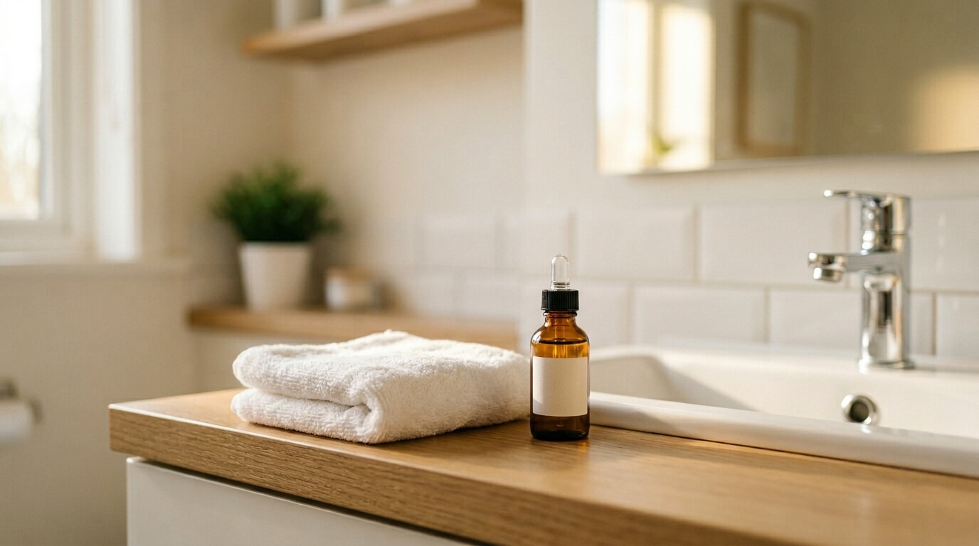 귀에 물 들어갔을 때 올바른 대처를 위한 수건과 점이액이 놓인 욕실 세면대