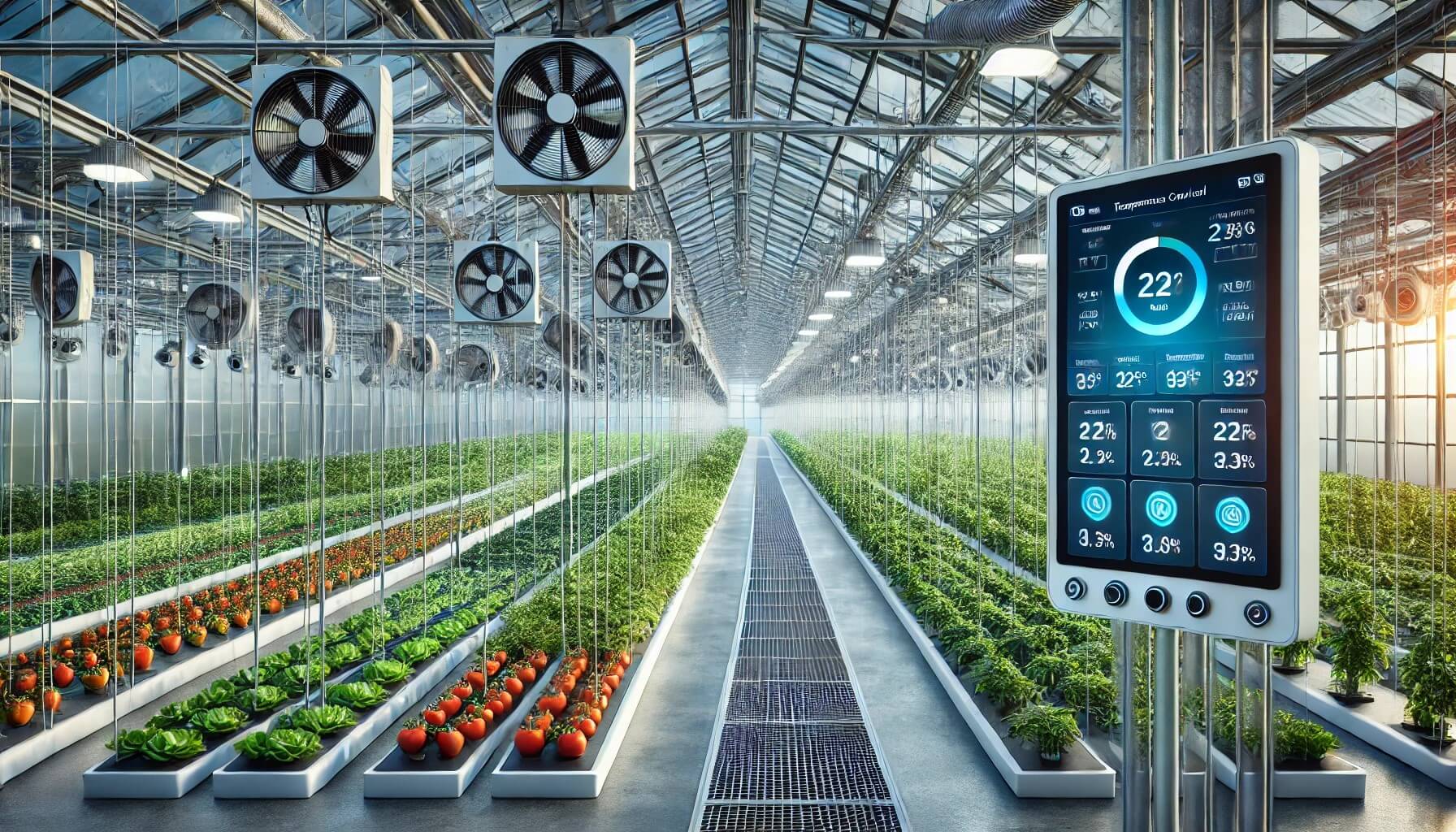 하우스 내부의 자동 제어 시스템, 센서, 작물 등이 반영된 첨단 농업 환경