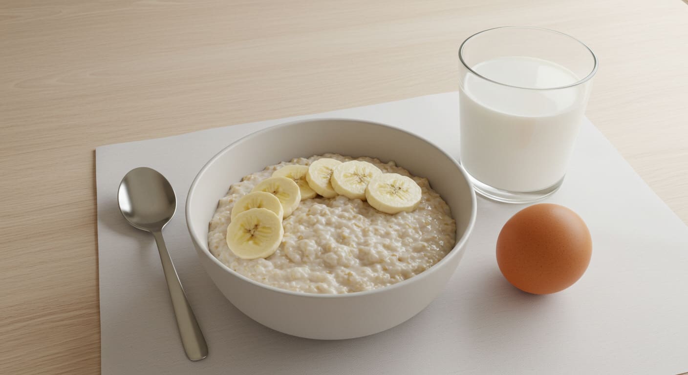 오트밀과 바나나, 삶은 달걀, 우유 1컵의 모습