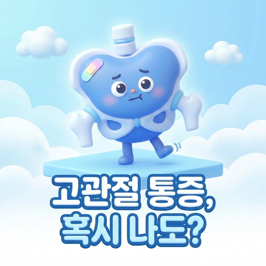 귀여운 3D 카툰 스타일로 표현된 고관절 캐릭터가 반창고를 붙이고 서서 고민하는 모습. '고관절 통증, 혹시 나도?'라는 한글 문구가 함께 있습니다.