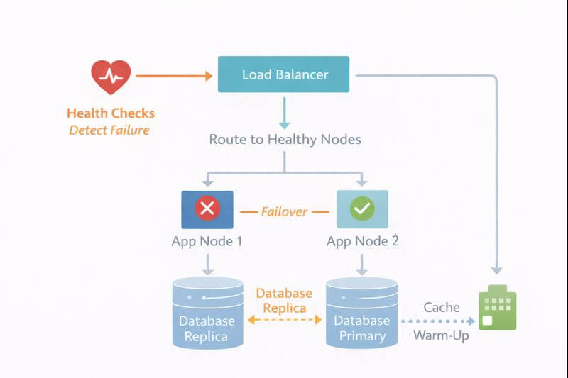 전산학 시스템에서 헬스체크로 장애를 감지하고 로드밸런서가 트래픽을 정상 노드로 전환하며, 데이터는 복제본을 통해 복구하고, 이후 단계적으로 정상 상태로 돌아가는 흐름 다이어그램
