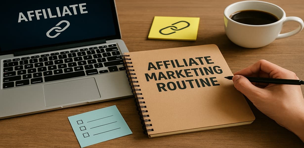 “AFFILIATE MARKETING ROUTINE이라는 문구가 적힌 노트와 노트북, 커피잔, 체크리스트가 함께 놓인 부업 계획용 책상 모습”