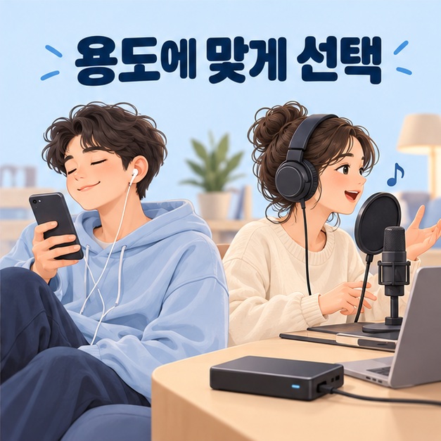 스마트폰 음악 감상과 마이크 녹음 및 원본 보관을 표현한 모습
