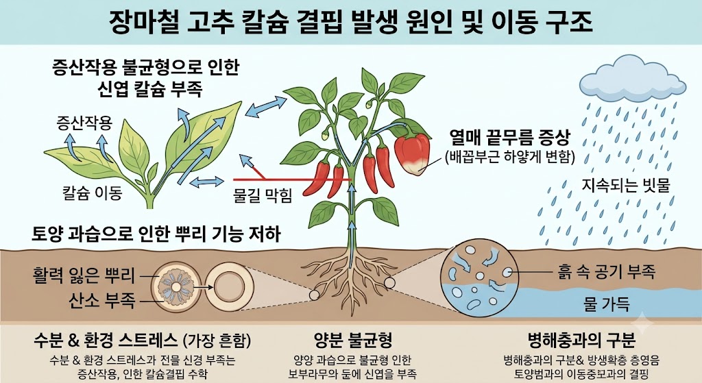 고추 뿌리의 수분 흡수 저하와 증산작용 불균형으로 인해 신엽과 열매로 칼슘이 이동하지 못하는 원리를 설명하는 일러스트