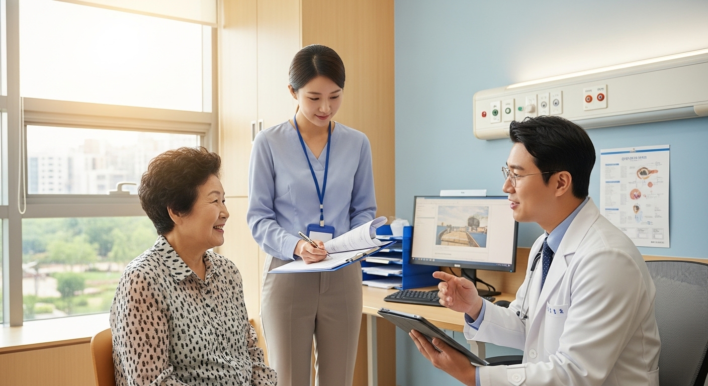 병원에서 의사와 상담받는 노년 여성과 옆에서 서류를 정리하는 사회복지사의 모습, 따뜻하고 전문적인 병원 환경의