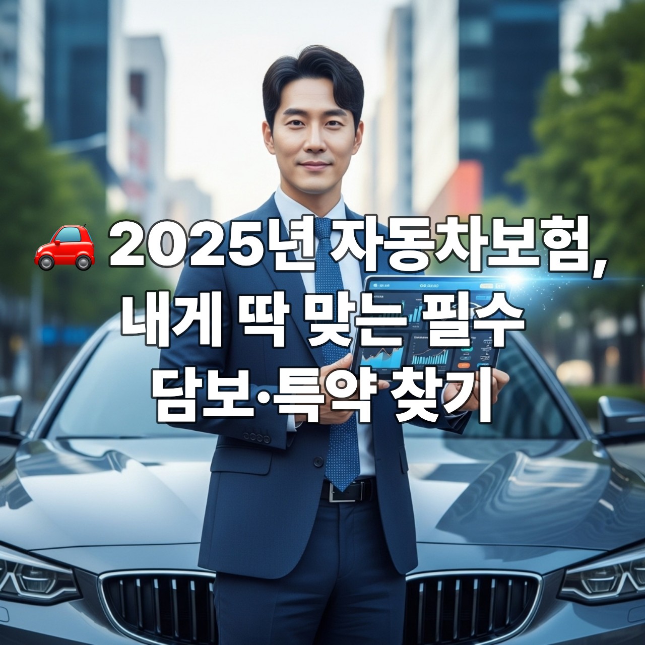 스마트폰으로 자동차보험 담보 및 특약 종류를 비교하며 자신에게 맞는 보장을 선택하는 자신감 있는 한국인 남성