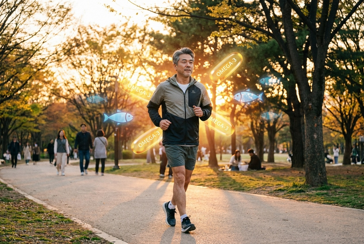 저녁공원에서 가볍게 조깅하는 중년 한국 남성 옆에 오메가3 캡슐과 등푸른 생선 아이콘이 함께 배치된 남성 건강 루틴 일러스트