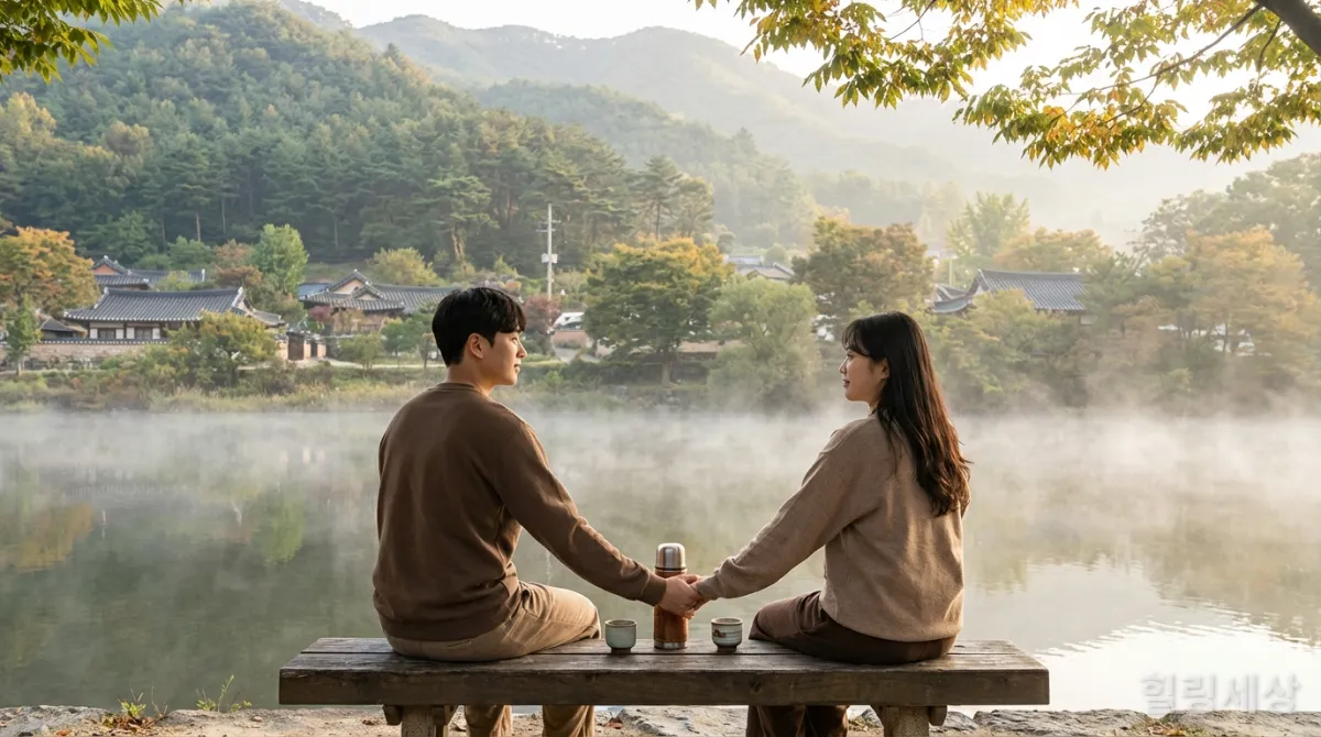 조용한 국내 소도시 호숫가에서 평화롭게 휴식하는 젊은 한국인 커플