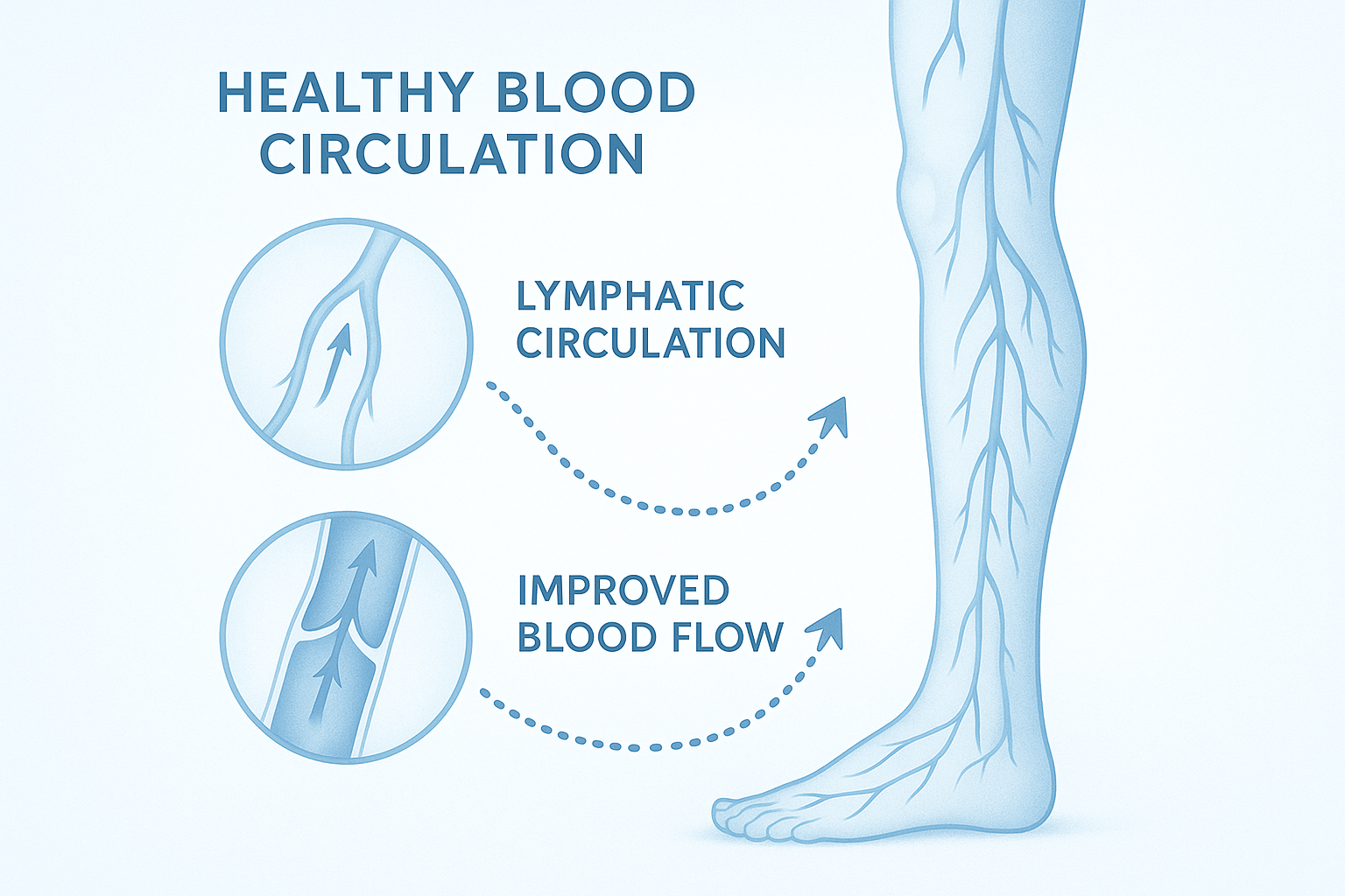 종아리 마사지기로 혈액순환이 향상되는 모습을 시각화한 다이어그램