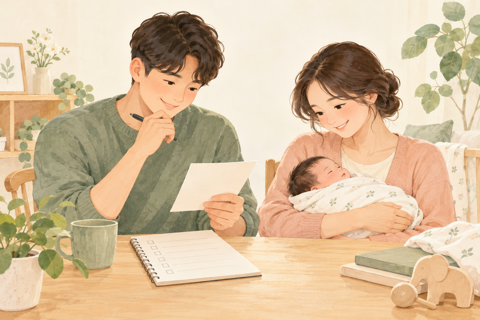 출생 지원을 함께 알아보는 부모와 아기