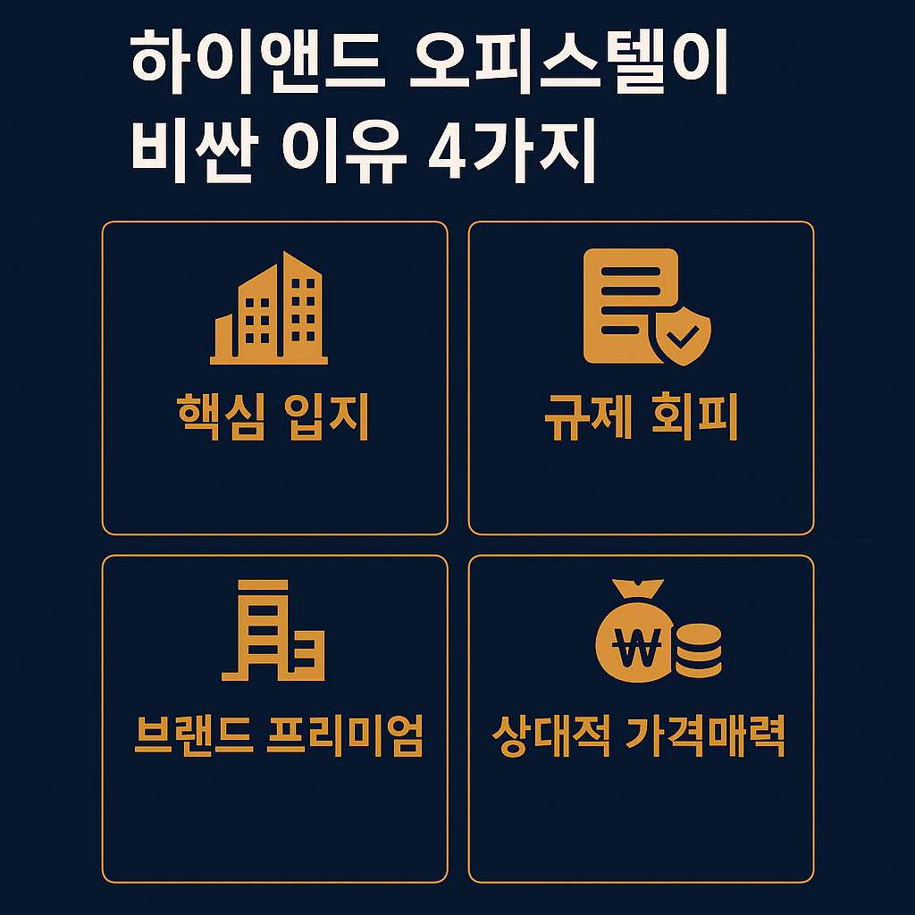 "하이앤드 오피스텔이 비싼 이유 4가지: 핵심 입지, 규제 회피, 브랜드 프리미엄, 상대적 가격매력 인포그래픽"