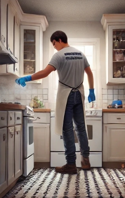 주방에서 장갑을 낀 상태로 소독하는 남자