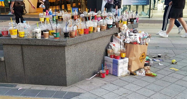 무분별하게 버려진 일회용품 플라스틱 용기 사진