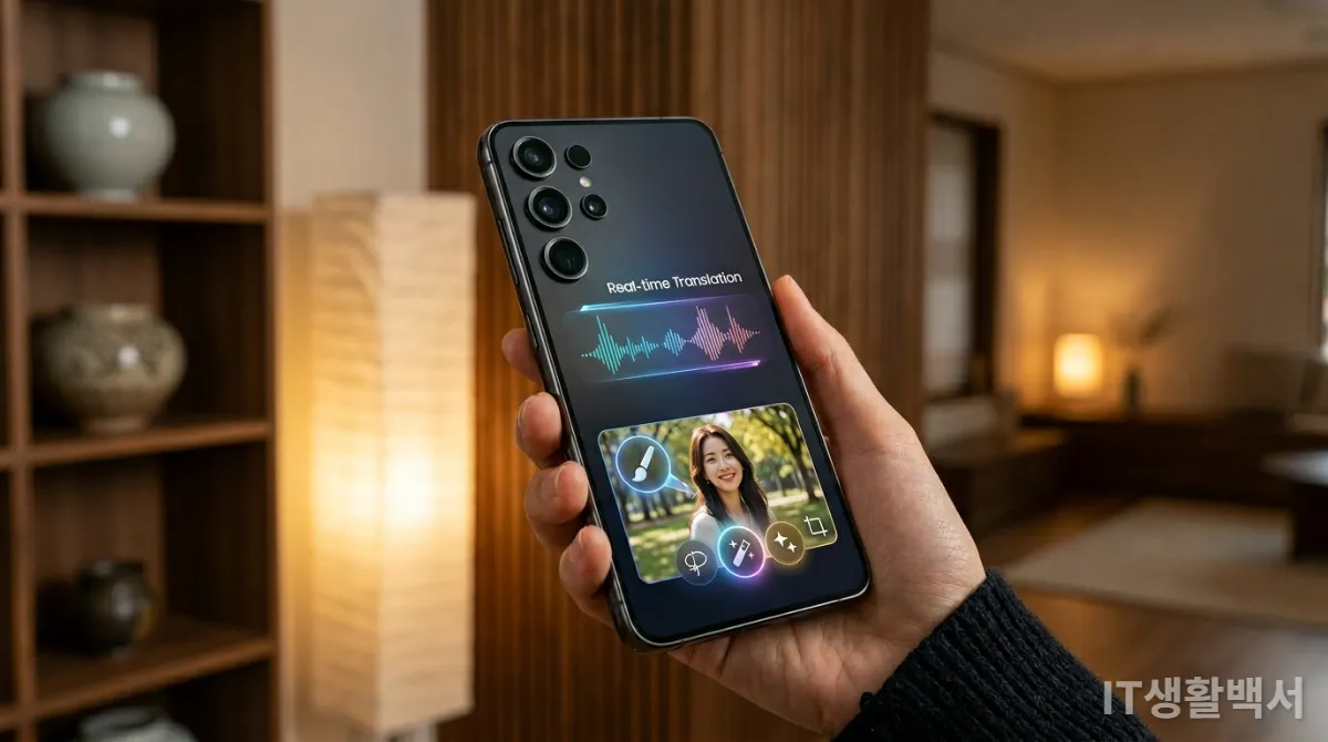 AI 기능이 강조된 갤럭시 S26 스마트폰의 클로즈업 이미지