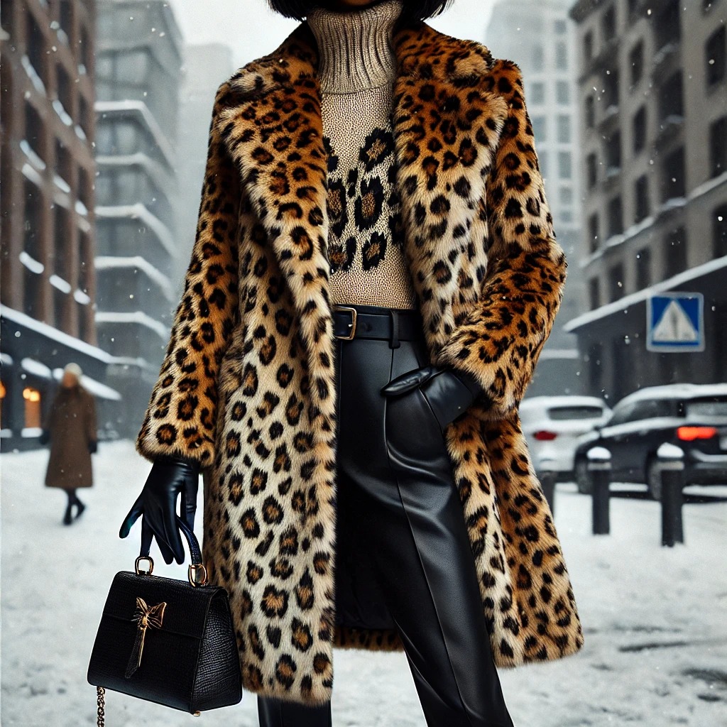 대담한 레오파드 프린트 코트로 세련된 겨울 패션 룩을 선보이는 이미지로, 겨울 스타일에 과감한 터치를 더하기에 완벽합니다