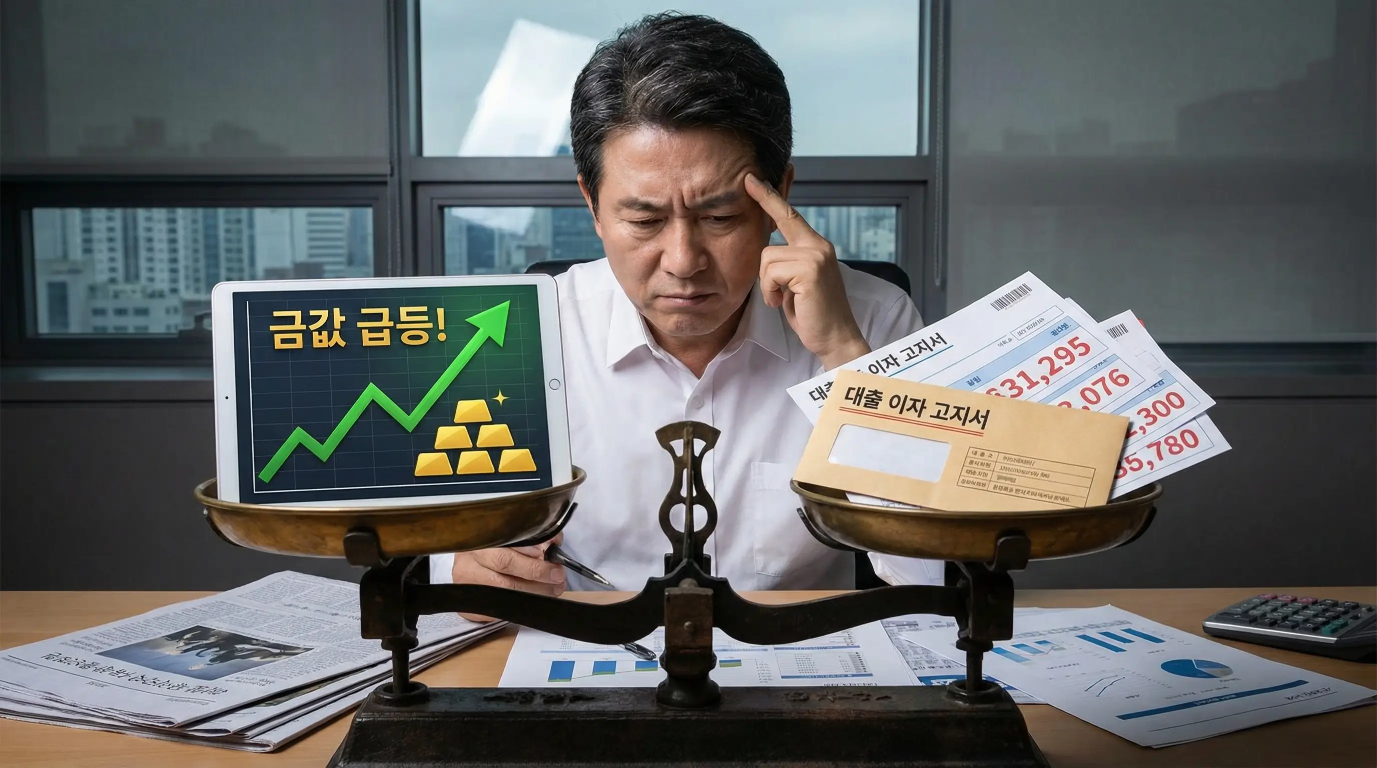 금값 상승 그래프와 대출 이자 고지서를 저울질하며 고민하는 투자자의 모습