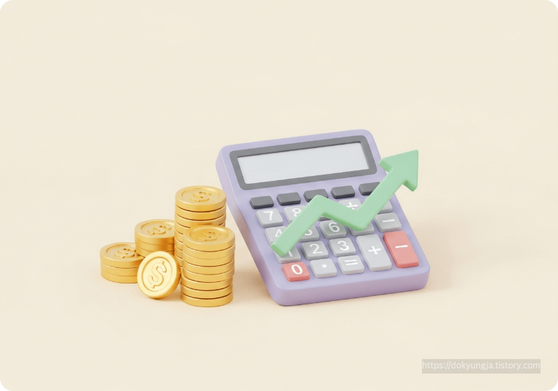 계산기와 쌓여있는 동전, 상승하는 화살표 그래프를 나타낸 3D 심플 아이콘