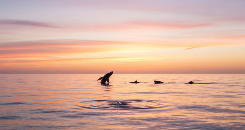 고요한 해돋이 바다를 담은 아름다운 광각 샷. 하늘은 부드러운 파스텔 색으로 칠해져 있다. 멀리서 고래 한 무리가 평화롭게 물 위로 솟구치는 모습이 보인다. 분위기는 평온하고 희망적이다.