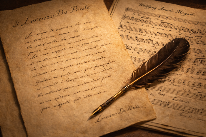 모차르트 악보와 함께 놓인 다 폰테의 오페라 대본(리브레토)