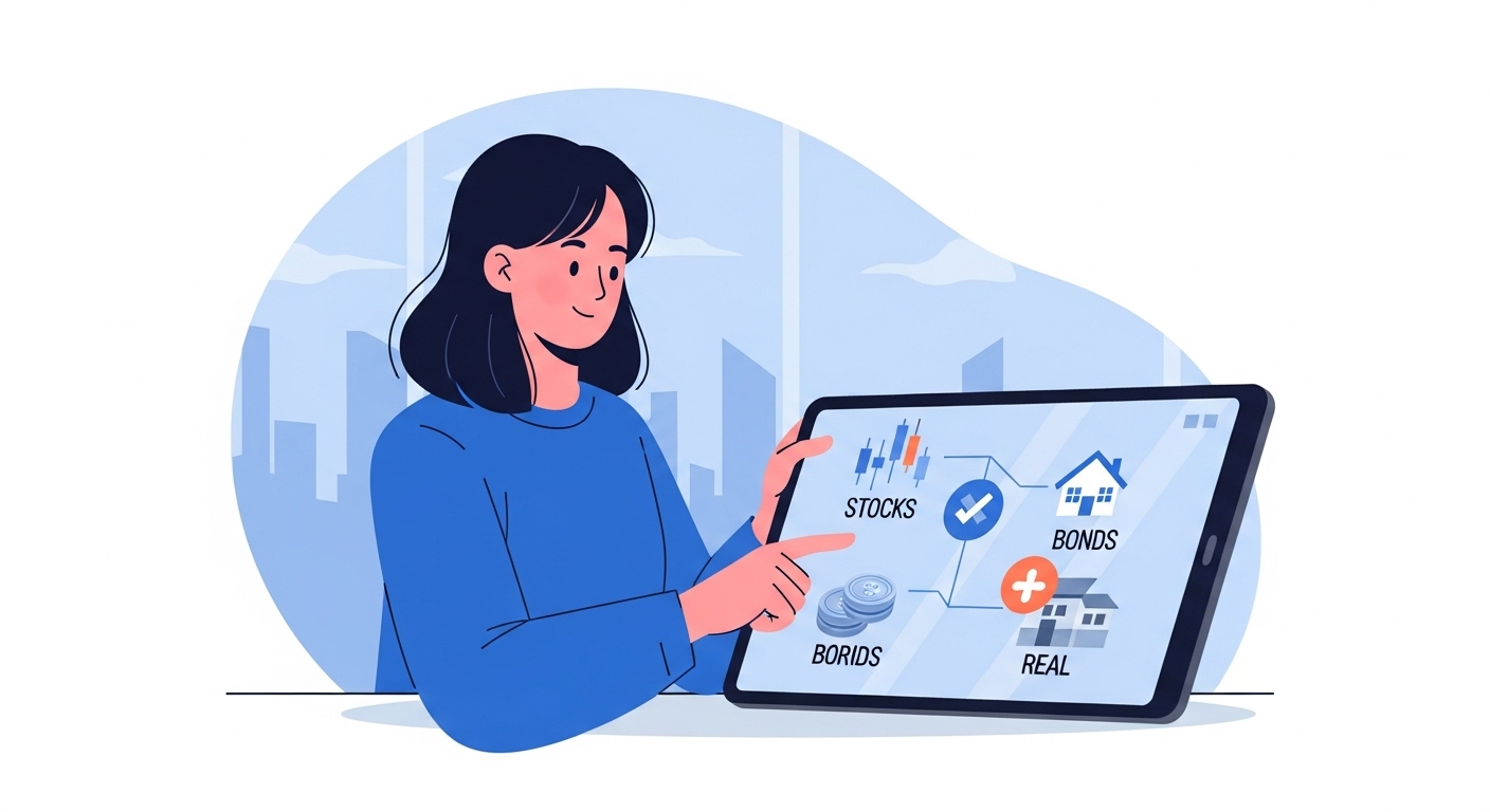 30대 프리랜서가 태블릿으로 IRP 포트폴리오를 관리하며 다양한 투자 상품을 현명하게 운용하는 모습