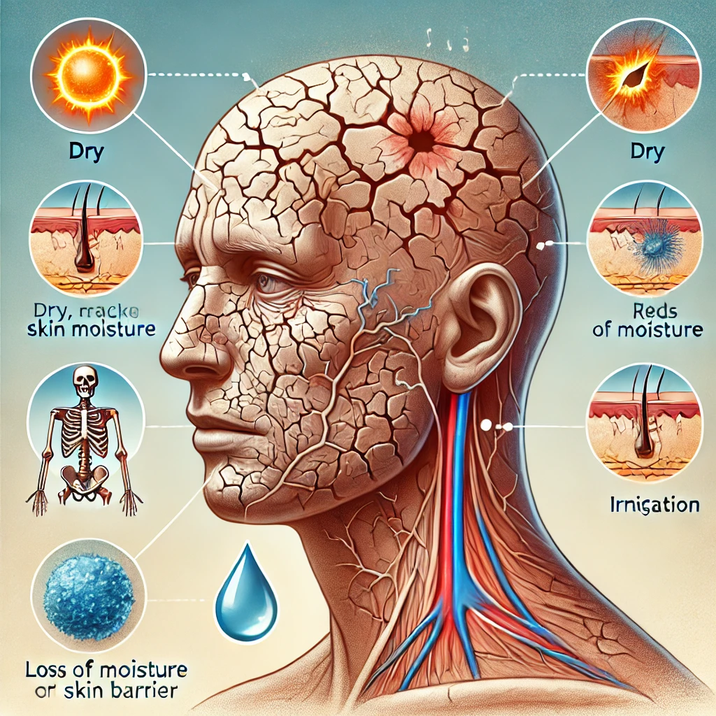 피부 장벽 손상으로 인해 건조하고 갈라진 피부와 붉은 자극 증상