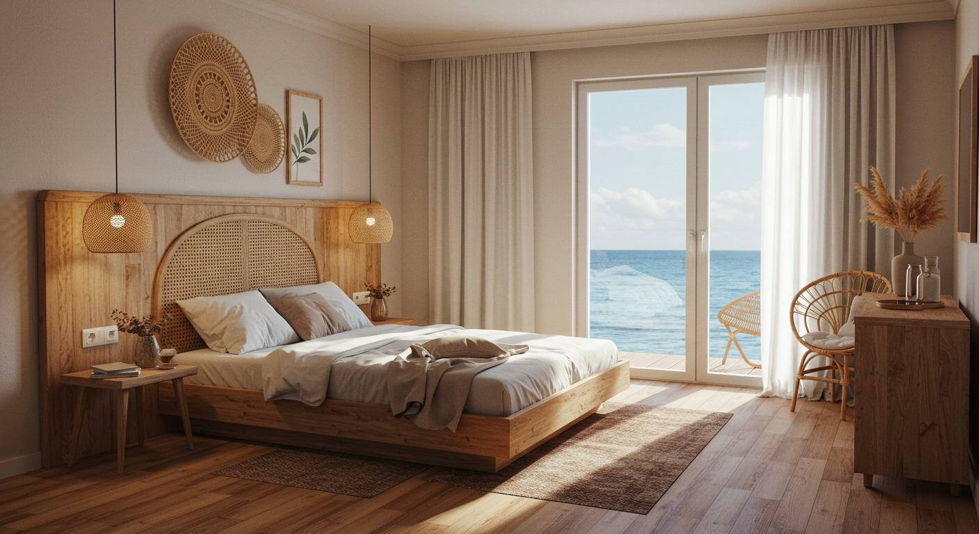 우드톤과 라탄 소품이 어우러진 감성 펜션 인테리어