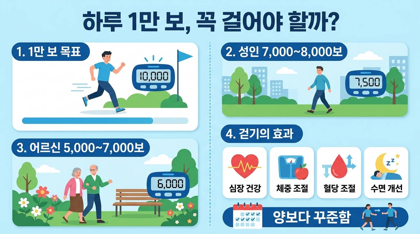 하루 1만 보 목표와 연령별 적정 걸음 수, 걷기 운동 효과를 설명하는 건강 인포그래픽