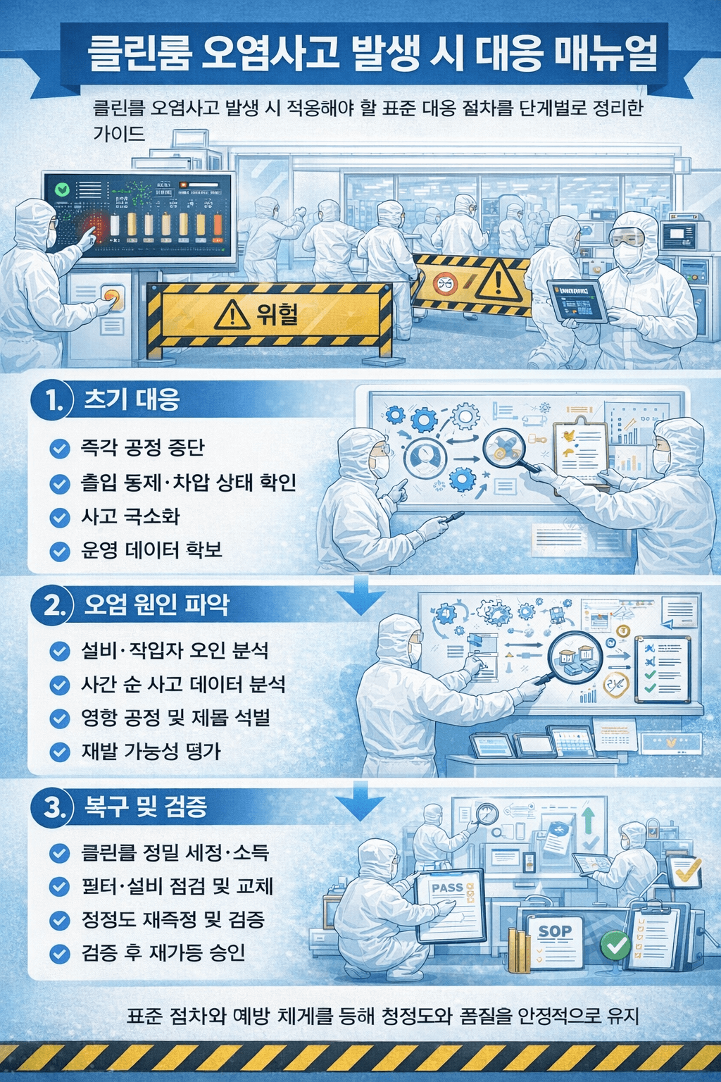 클린룸 오염제어를 위해서는 오염사고 발생 시 즉각적이고 체계적인 대응 매뉴얼이 필수적이다.