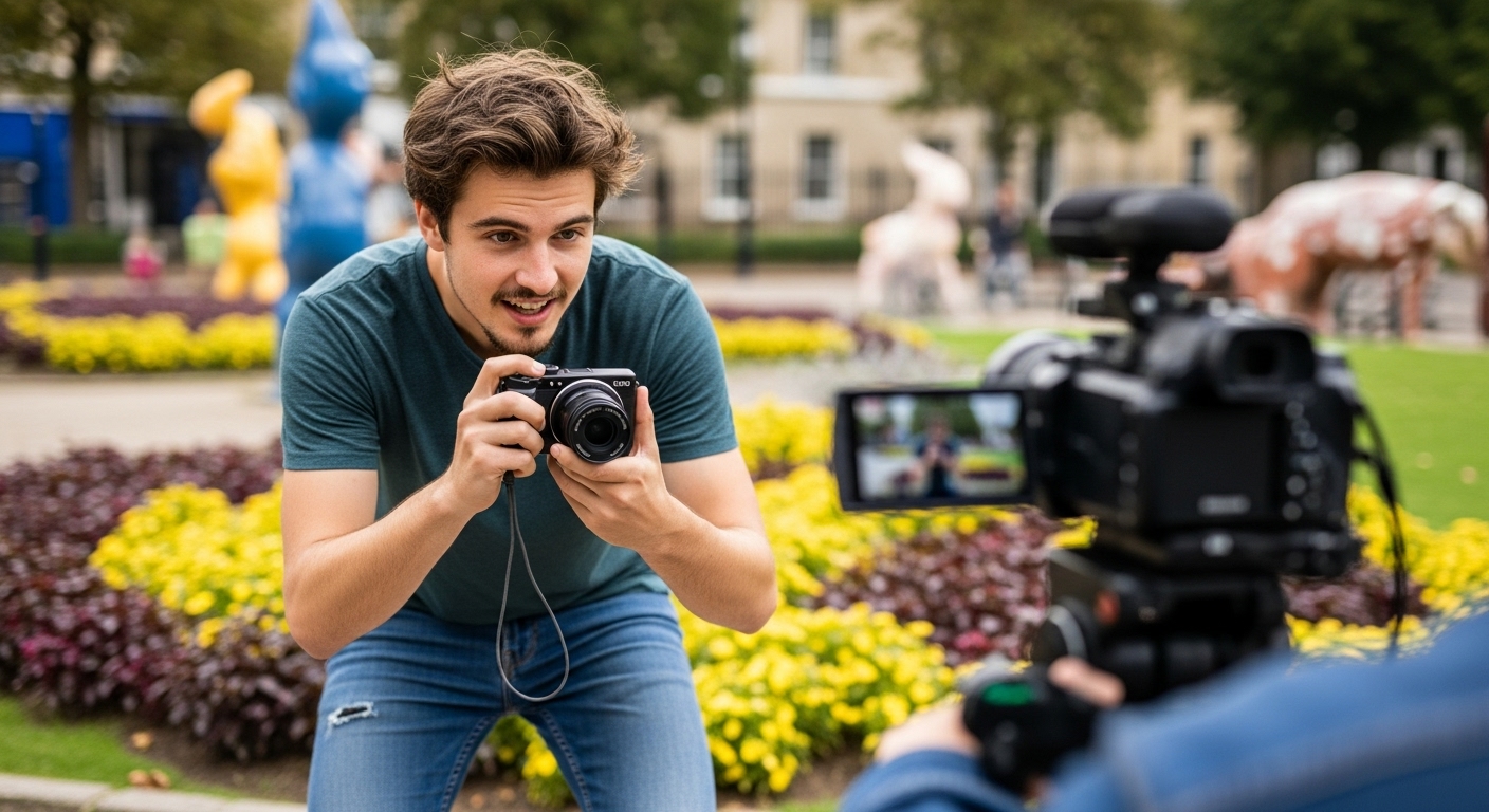 유튜브 쇼츠 영상 촬영하는 청년