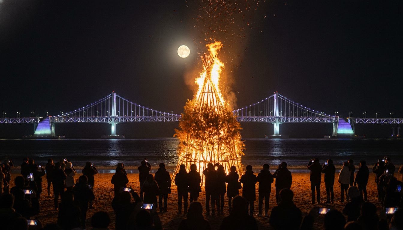 2026년 정월대보름 광안리 해수욕장에서 거대한 달집이 불타오르고 있는 야경, 배경에는 조명 켜진 광안대교와 보름달이 떠 있고 많은 인파가 관람 중인 모습