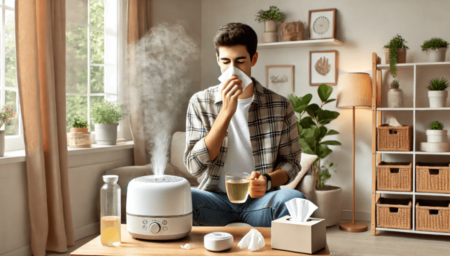 가습기와 허브차, 티슈가 놓인 공간에서 편안하게 숨을 쉬는 남성
